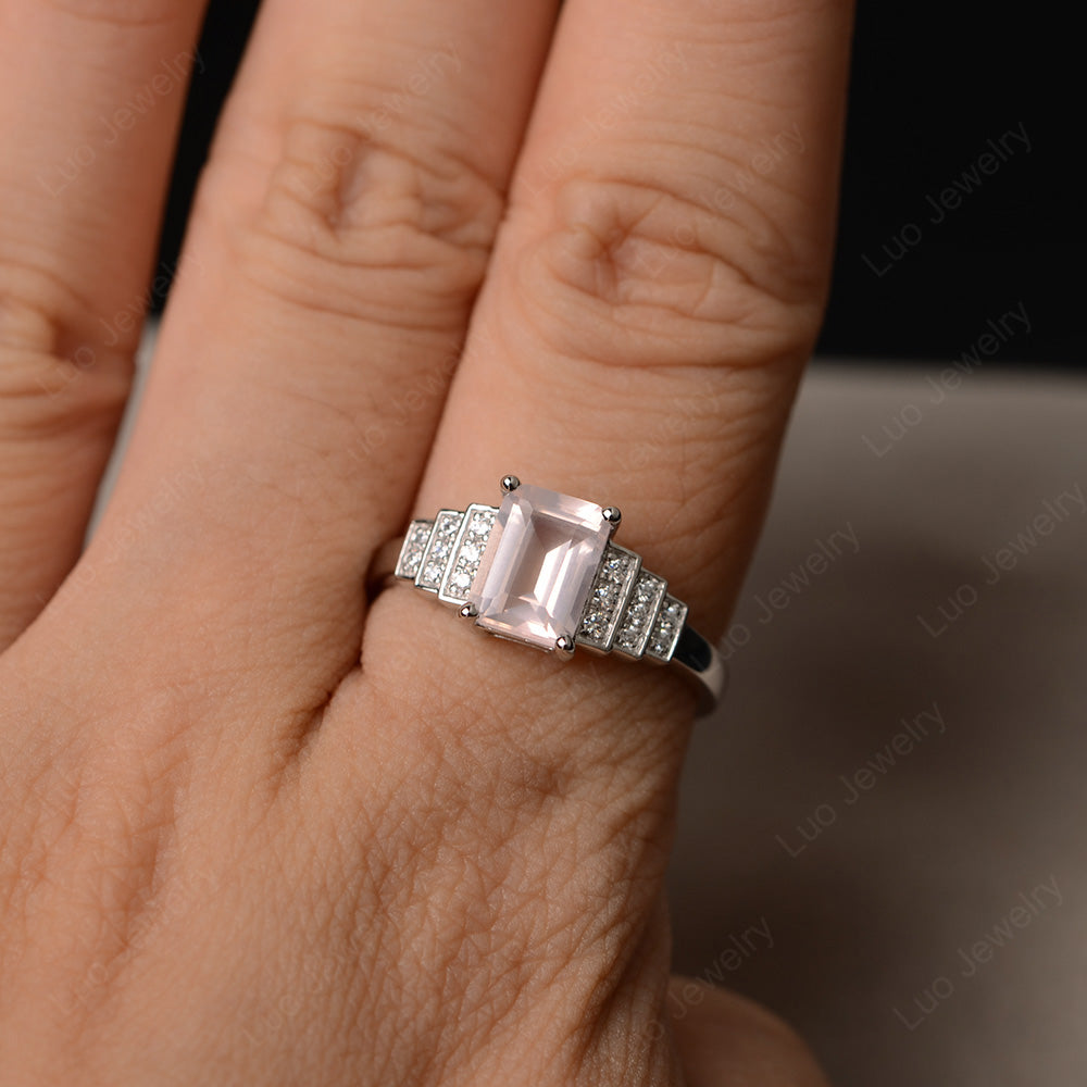 Emerald Cut Rose Quartz Promise Ring Silver - LUO Jewelry