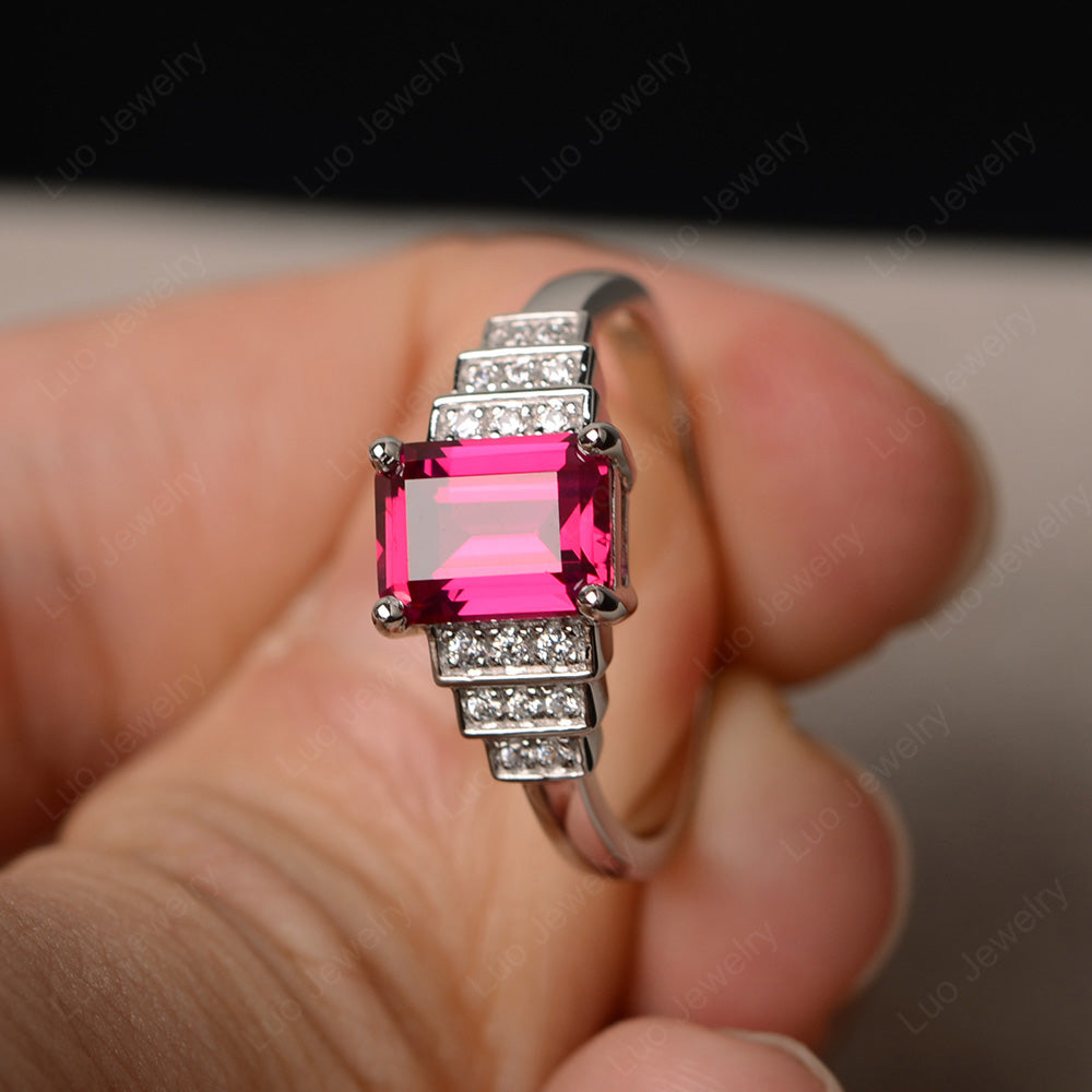 Emerald Cut Ruby Promise Ring Silver - LUO Jewelry