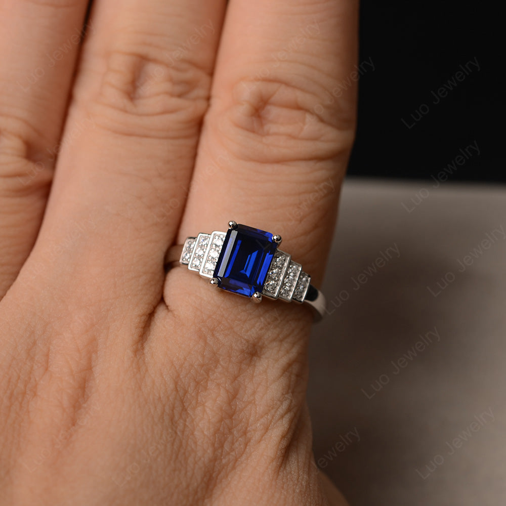 Emerald Cut Lab Sapphire Promise Ring Silver - LUO Jewelry