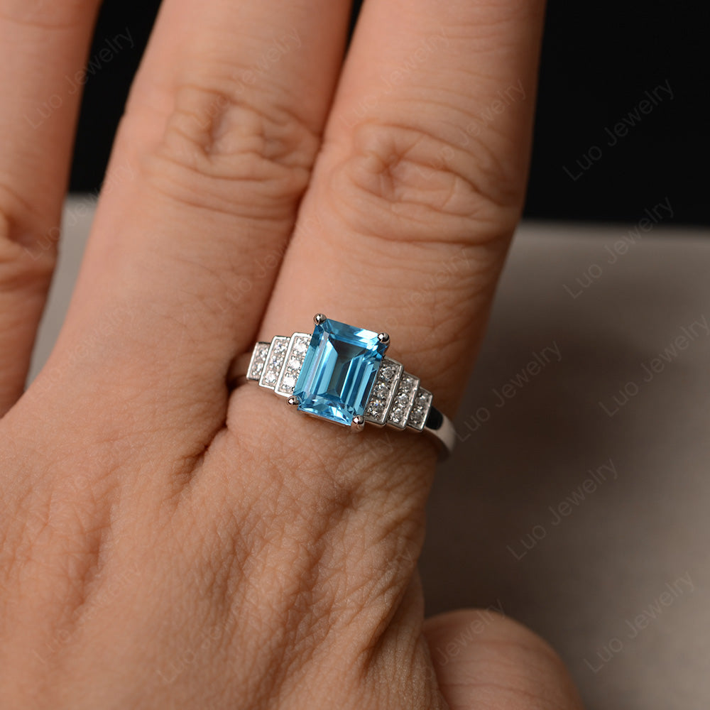 Emerald Cut Swiss Blue Topaz Promise Ring Silver - LUO Jewelry