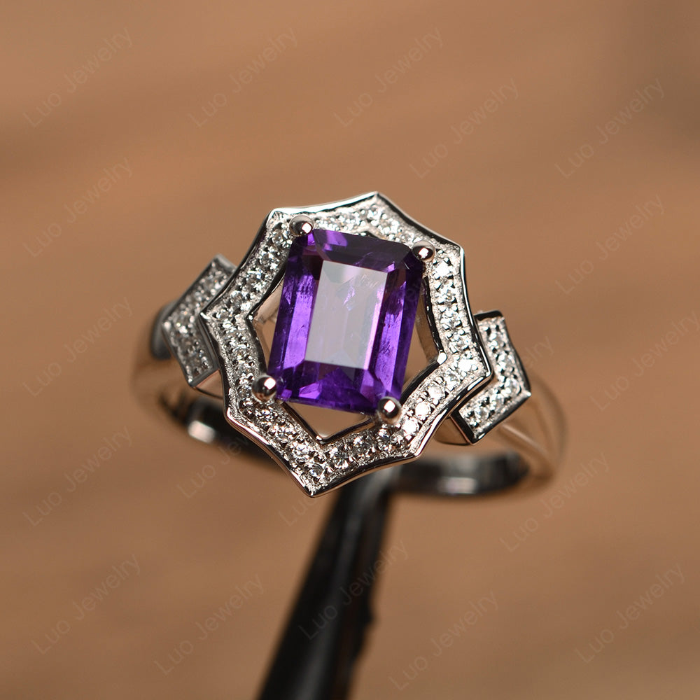 Emerald Cut Amethyst Cocktail Ring White Gold - LUO Jewelry