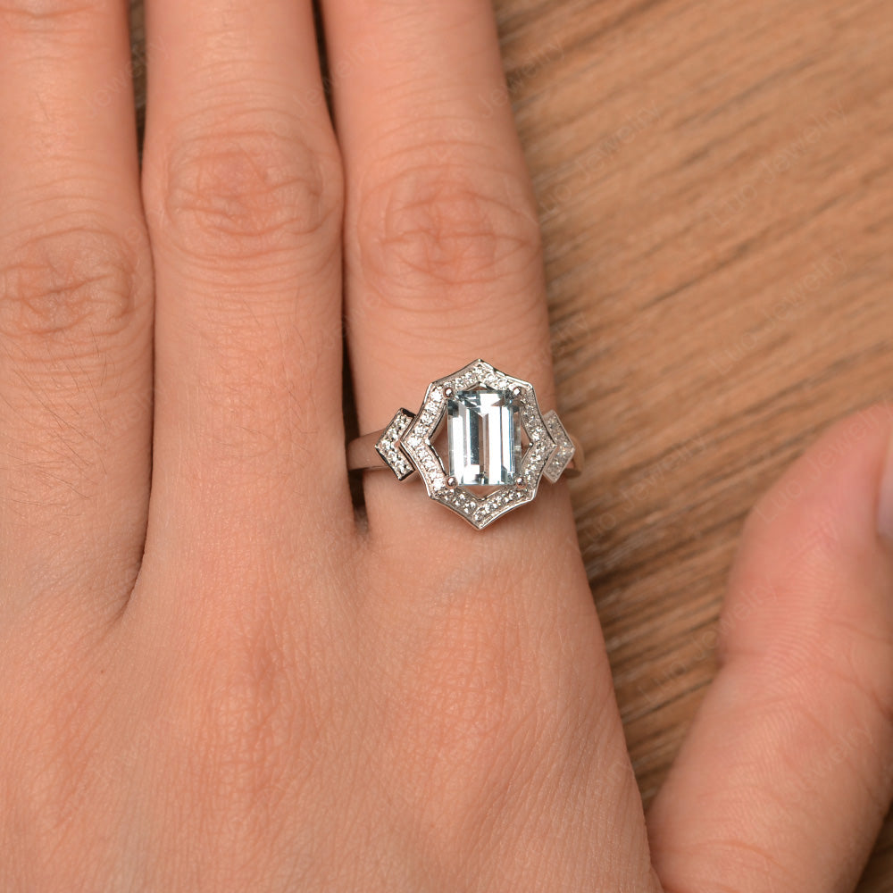 Emerald Cut Aquamarine Cocktail Ring White Gold - LUO Jewelry