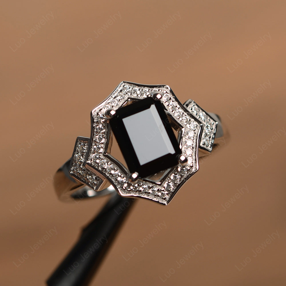 Emerald Cut Black Spinel Cocktail Ring White Gold - LUO Jewelry