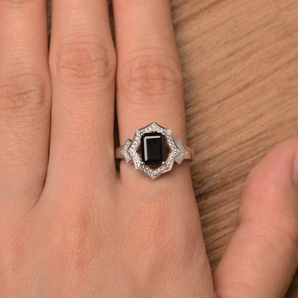 Emerald Cut Black Spinel Cocktail Ring White Gold - LUO Jewelry