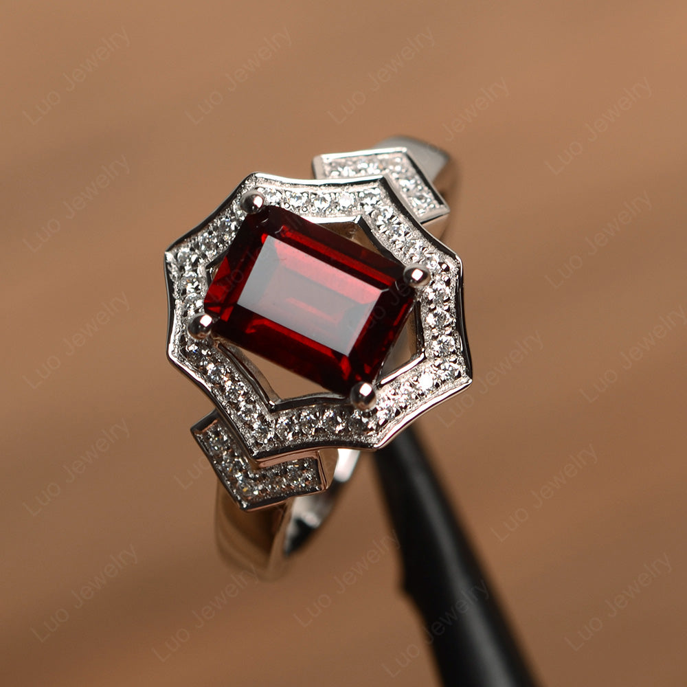 Emerald Cut Garnet Cocktail Ring White Gold - LUO Jewelry