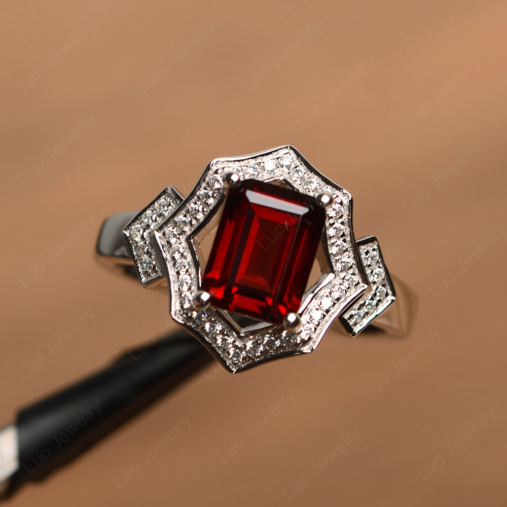 Emerald Cut Garnet Cocktail Ring White Gold - LUO Jewelry