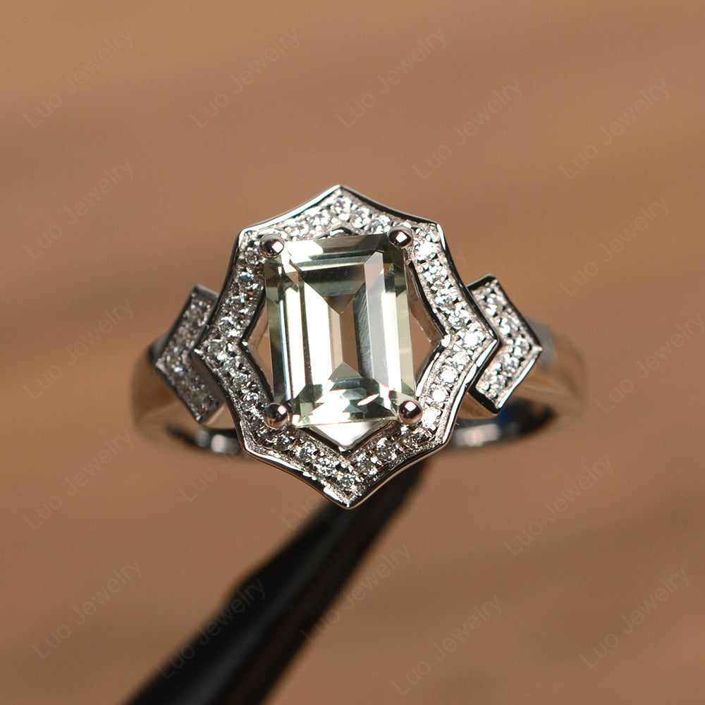 Emerald Cut Green Amethyst Cocktail Ring White Gold - LUO Jewelry