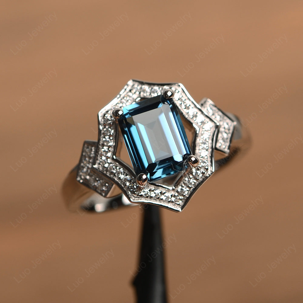 Emerald Cut London Blue Topaz Cocktail Ring White Gold - LUO Jewelry