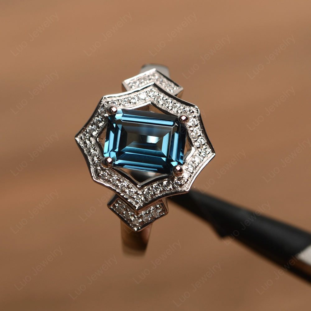 Emerald Cut London Blue Topaz Cocktail Ring White Gold - LUO Jewelry