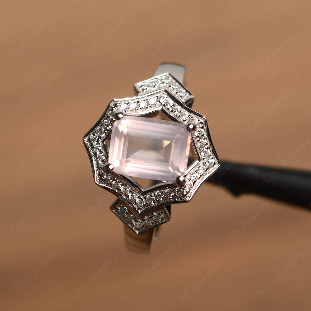 Emerald Cut Rose Quartz Cocktail Ring White Gold - LUO Jewelry