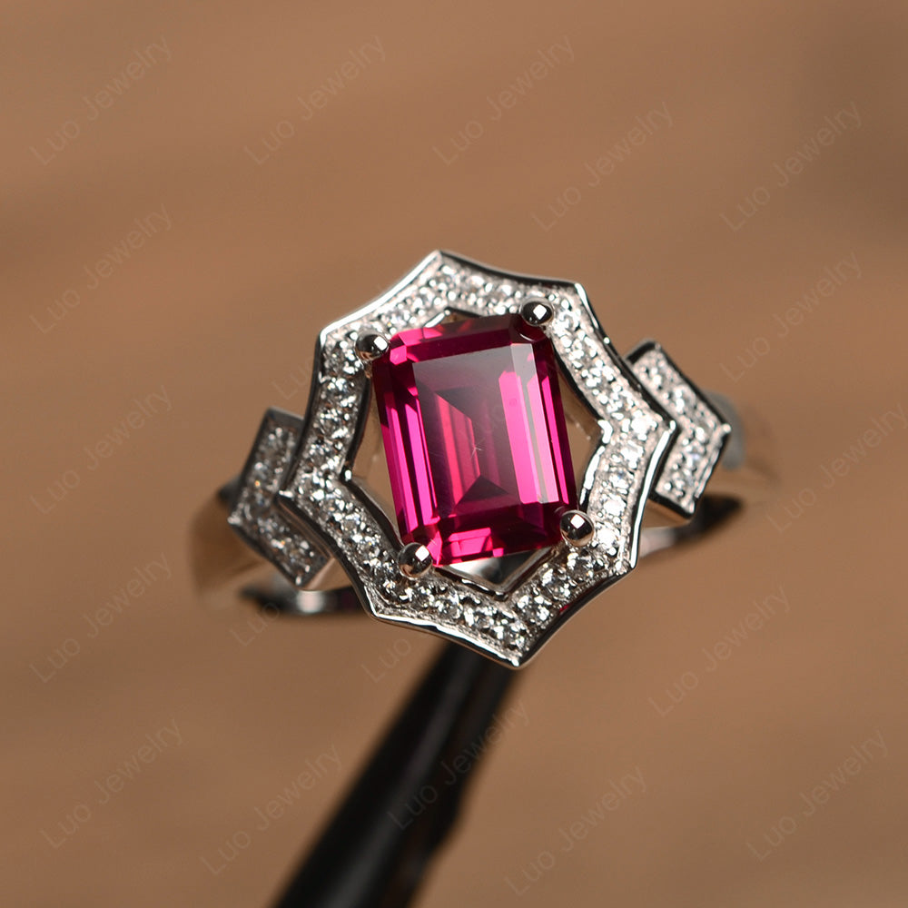 Emerald Cut Ruby Cocktail Ring White Gold - LUO Jewelry