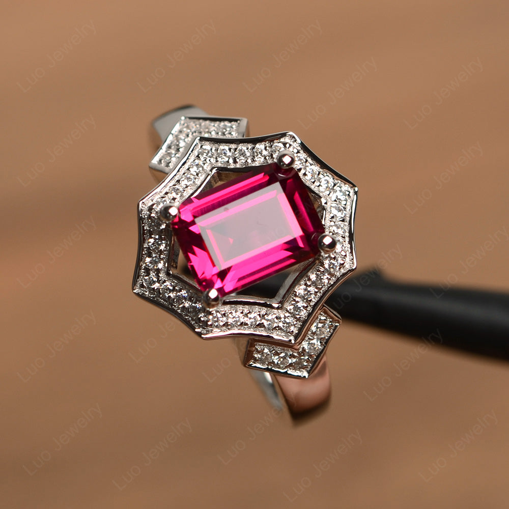 Emerald Cut Ruby Cocktail Ring White Gold - LUO Jewelry