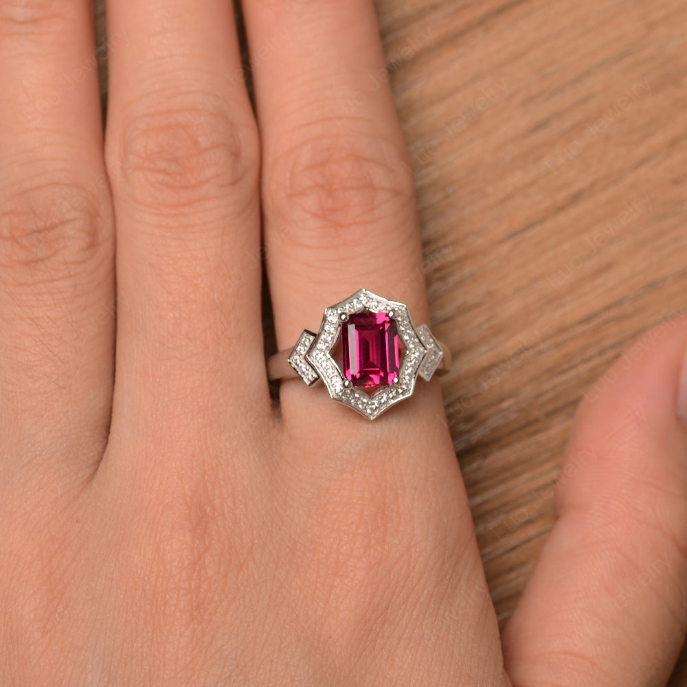 Emerald Cut Ruby Cocktail Ring White Gold - LUO Jewelry