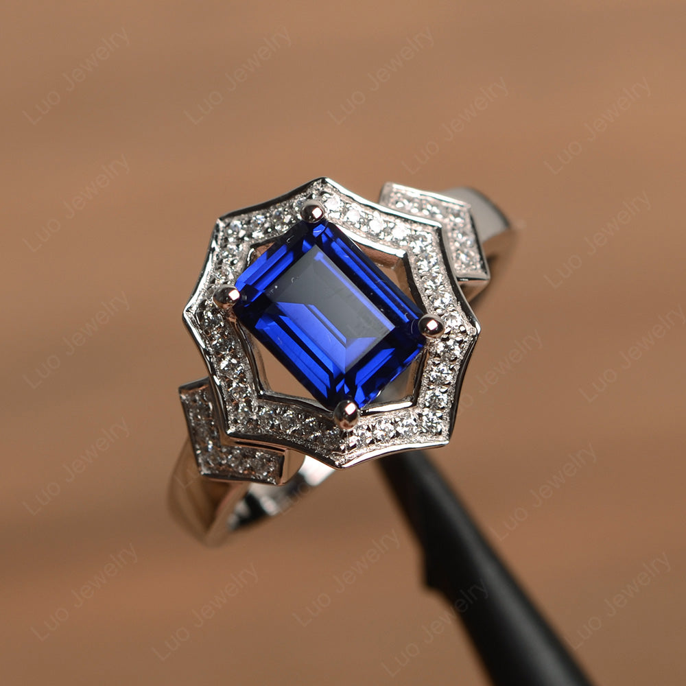 Emerald Cut Lab Sapphire Cocktail Ring White Gold - LUO Jewelry