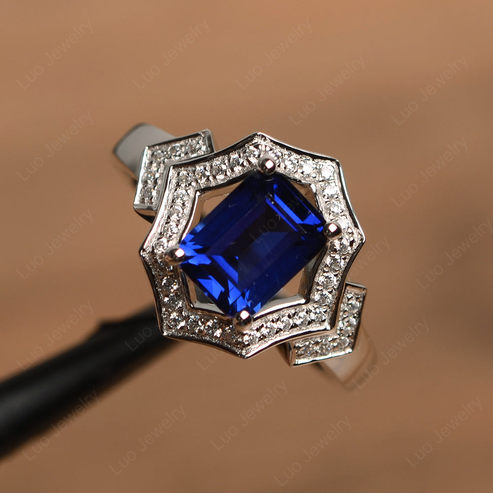 Emerald Cut Lab Sapphire Cocktail Ring White Gold - LUO Jewelry