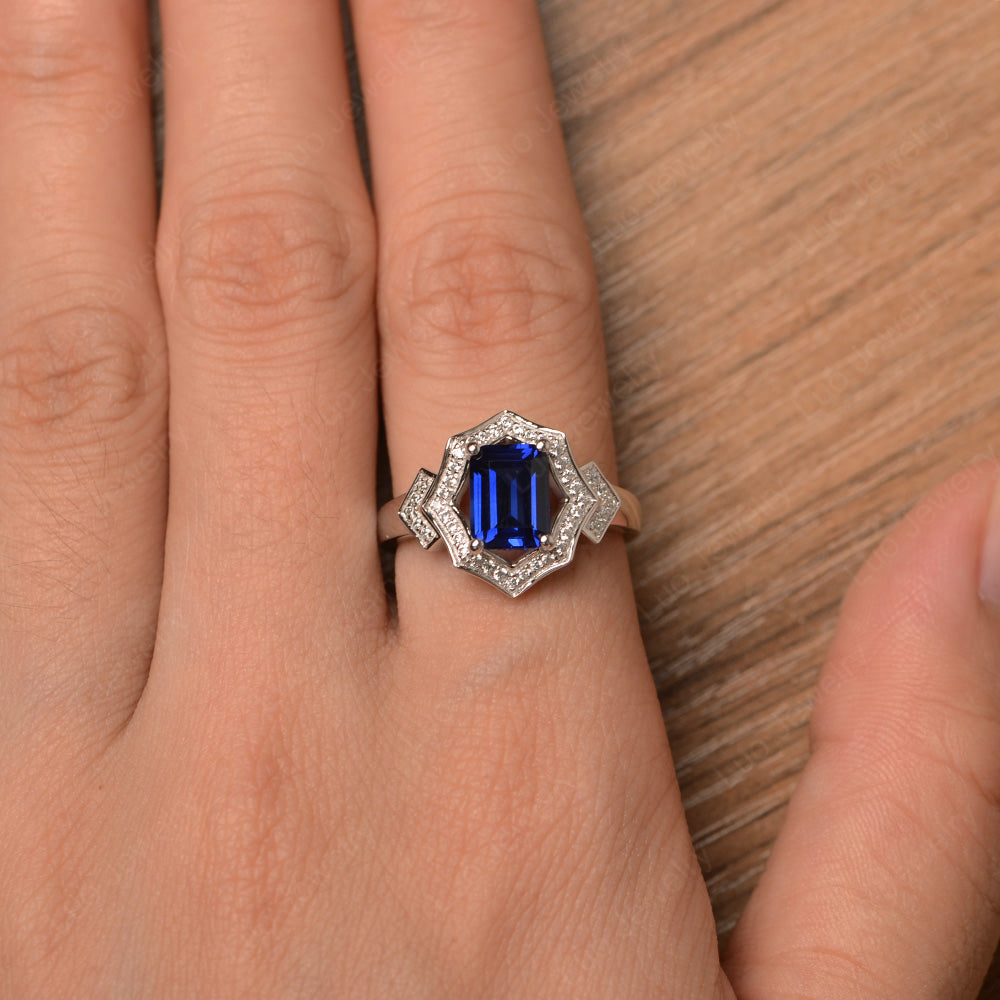 Emerald Cut Lab Sapphire Cocktail Ring White Gold - LUO Jewelry
