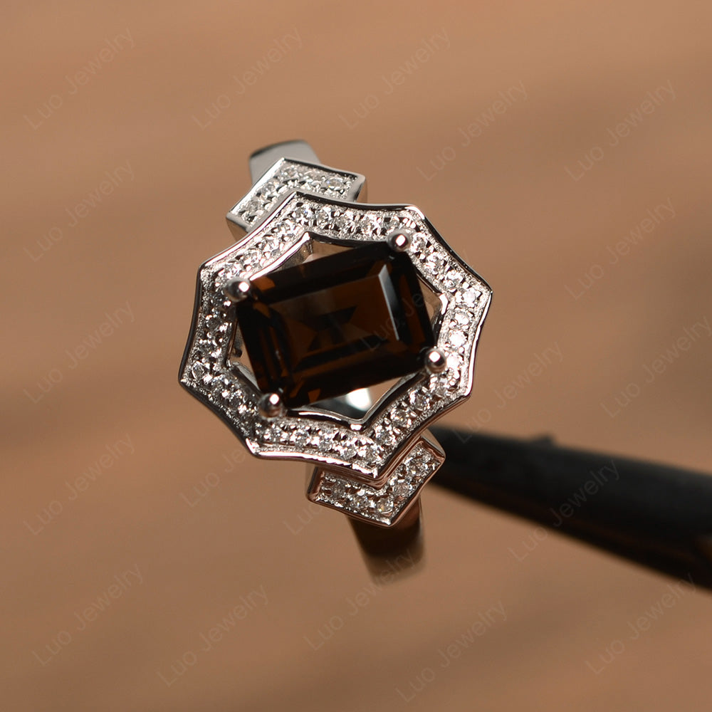 Emerald Cut Smoky Quartz  Cocktail Ring White Gold - LUO Jewelry