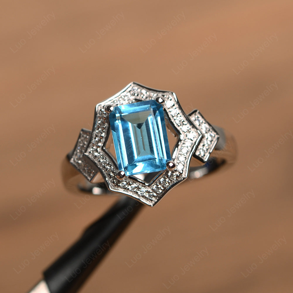 Emerald Cut Swiss Blue Topaz Cocktail Ring White Gold - LUO Jewelry