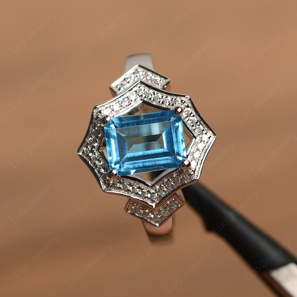 Emerald Cut Swiss Blue Topaz Cocktail Ring White Gold - LUO Jewelry