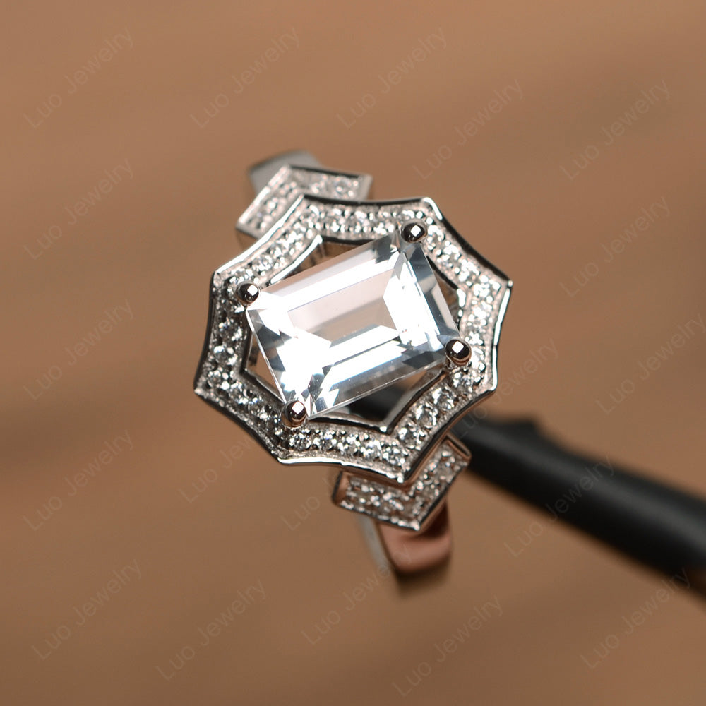 Emerald Cut White Topaz Cocktail Ring White Gold - LUO Jewelry