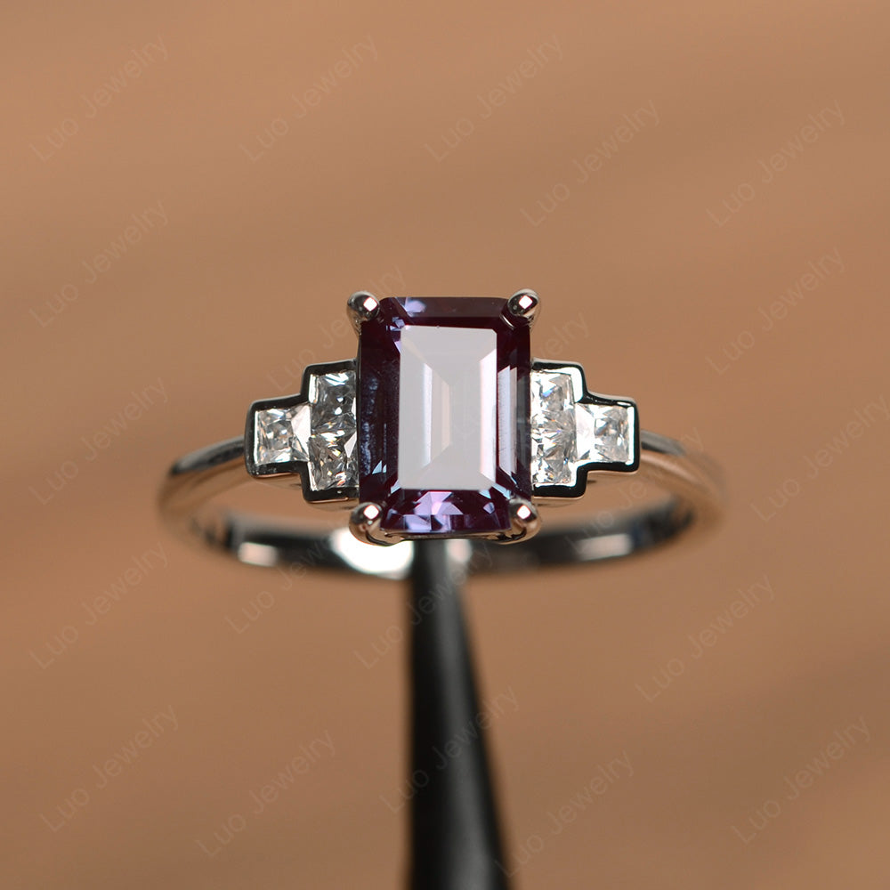 Emerald Cut Alexandrite Promise Ring White Gold - LUO Jewelry