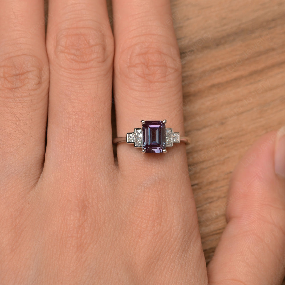 Emerald Cut Alexandrite Promise Ring White Gold - LUO Jewelry