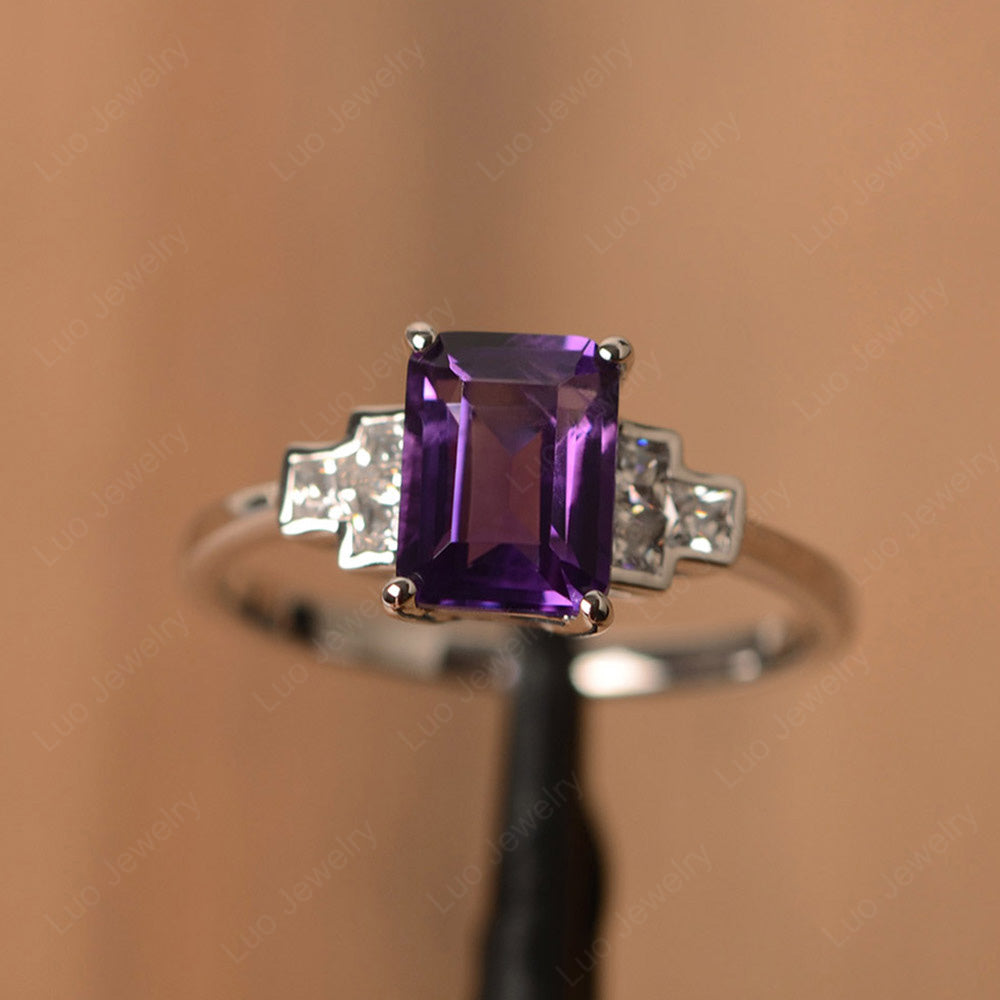 Emerald Cut Amethyst Promise Ring White Gold - LUO Jewelry