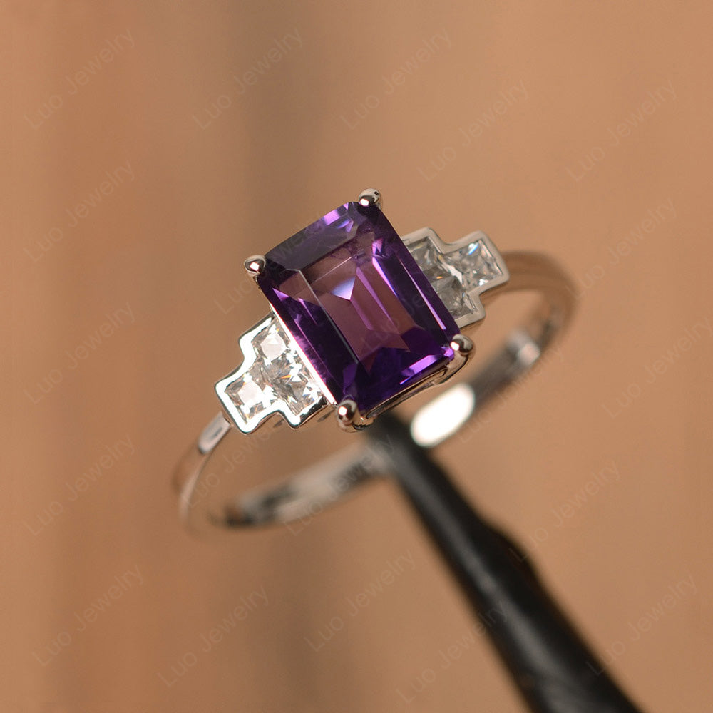 Emerald Cut Amethyst Promise Ring White Gold - LUO Jewelry