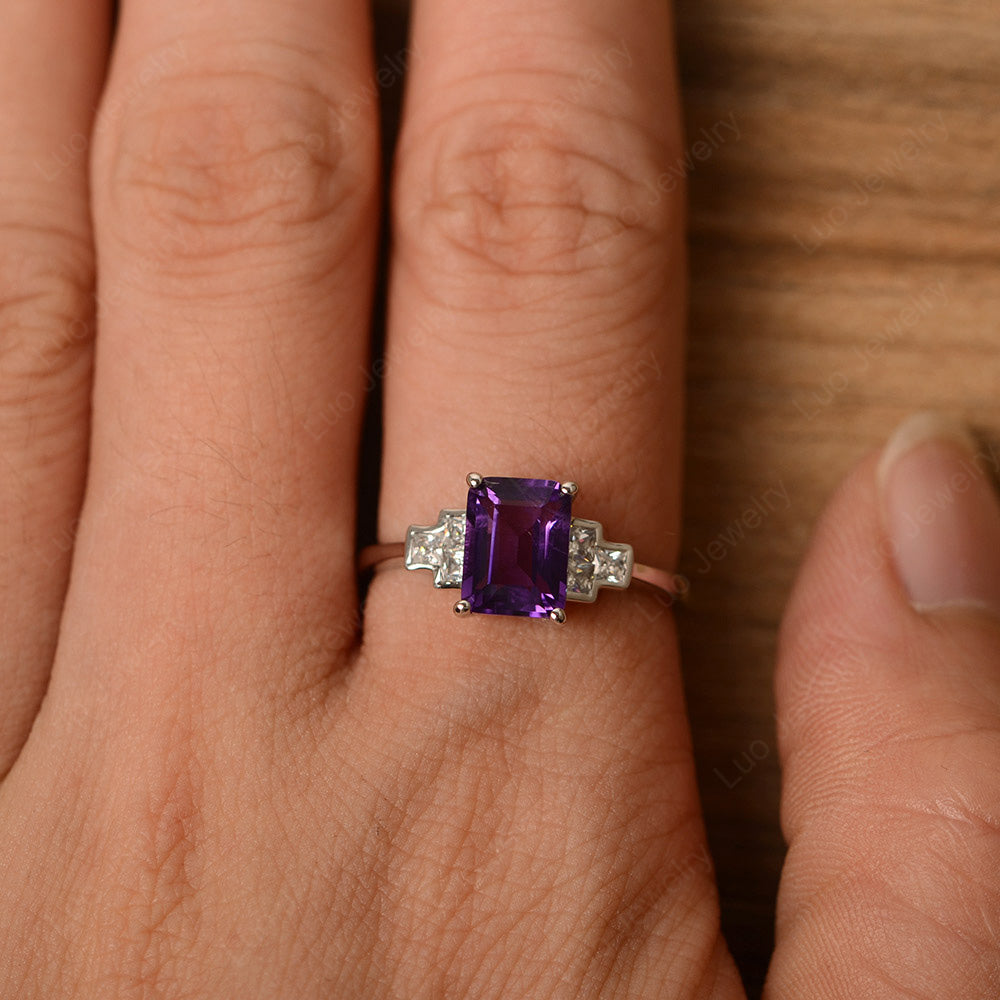 Emerald Cut Amethyst Promise Ring White Gold - LUO Jewelry