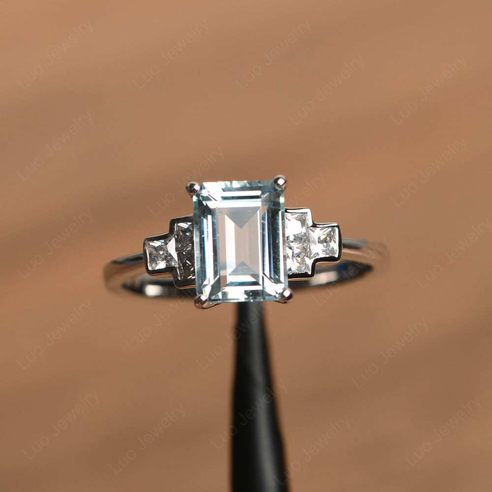 Emerald Cut Aquamarine Promise Ring White Gold - LUO Jewelry