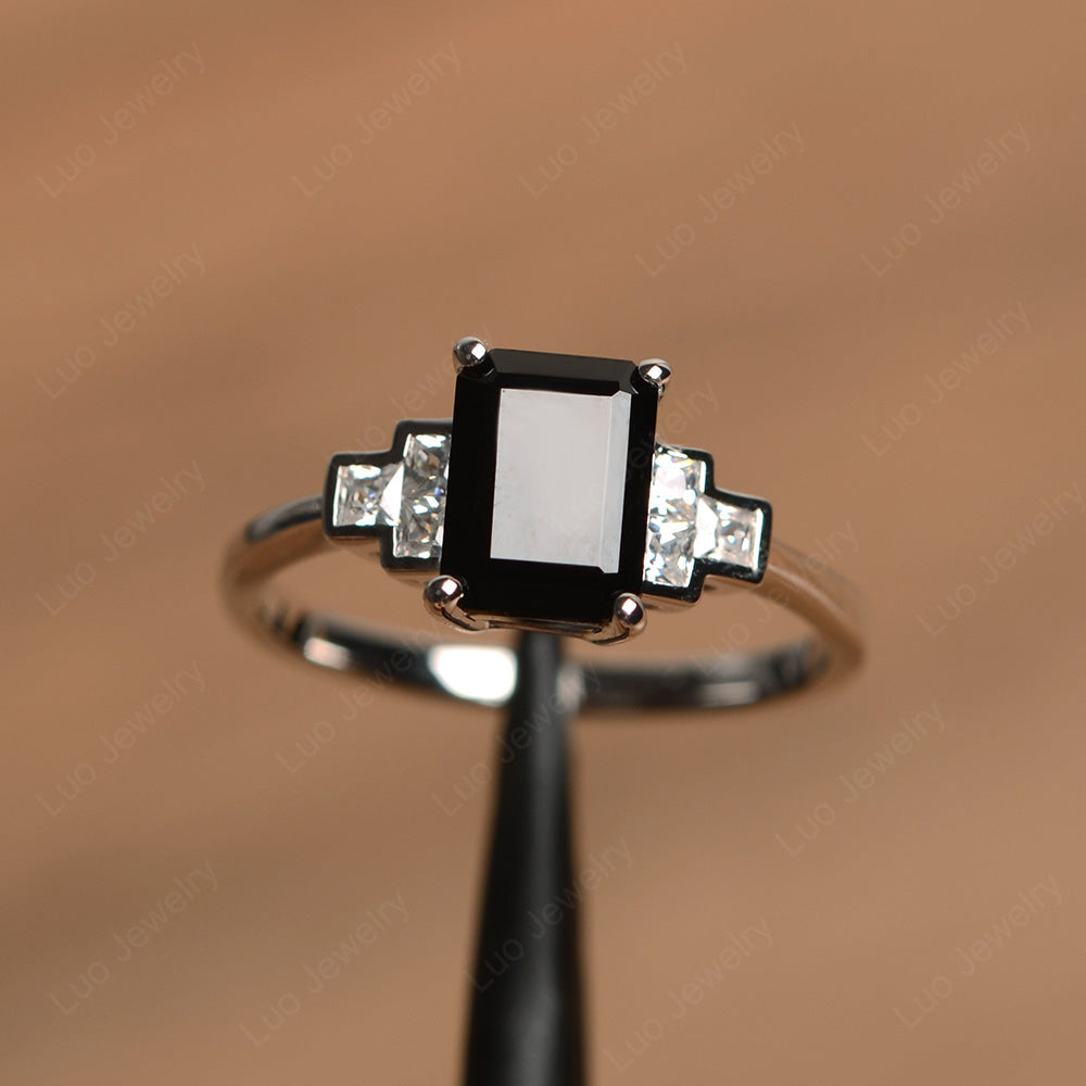 Emerald Cut Black Spinel Promise Ring White Gold - LUO Jewelry
