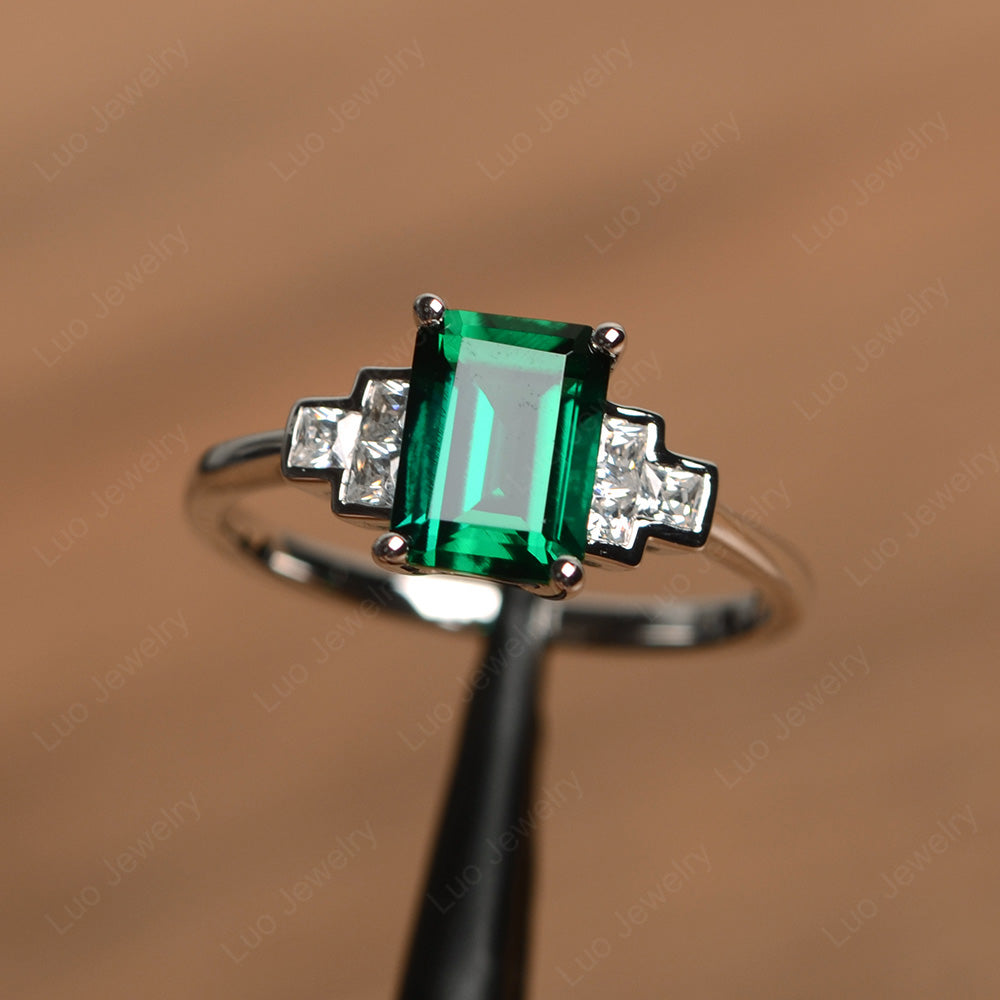 Emerald Cut Lab Emerald Promise Ring White Gold - LUO Jewelry