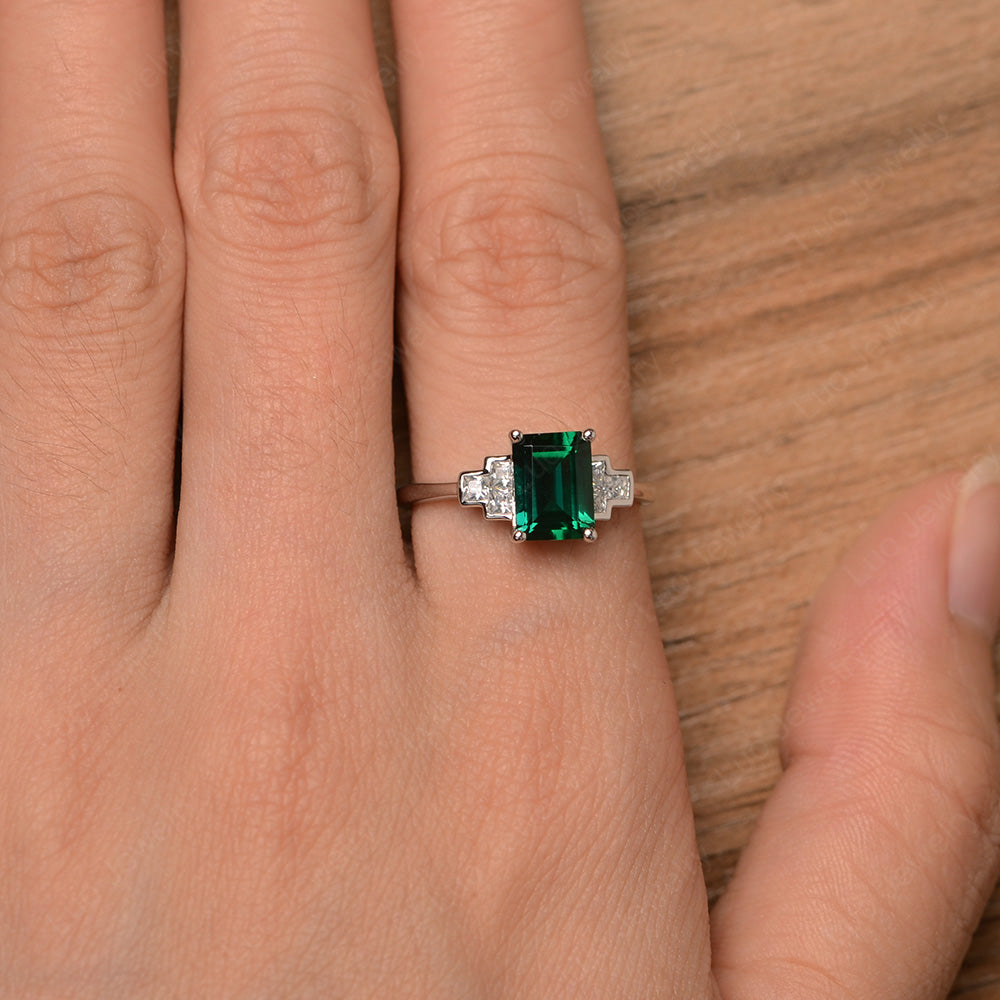 Emerald Cut Lab Emerald Promise Ring White Gold - LUO Jewelry
