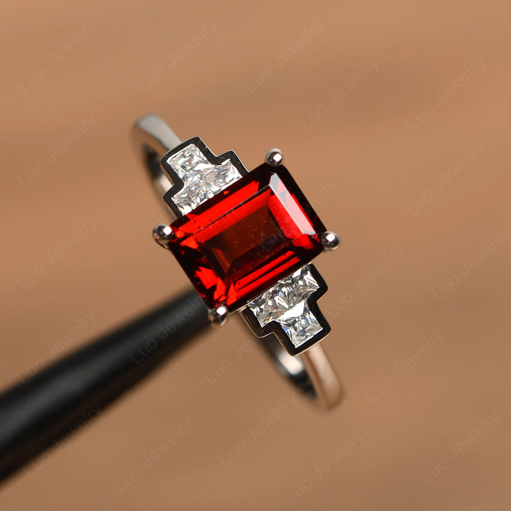 Emerald Cut Garnet Promise Ring White Gold - LUO Jewelry