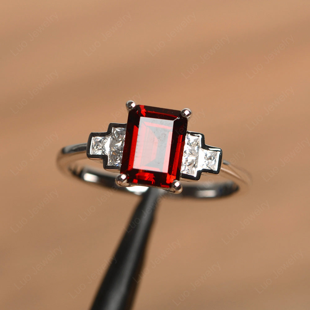 Emerald Cut Garnet Promise Ring White Gold - LUO Jewelry