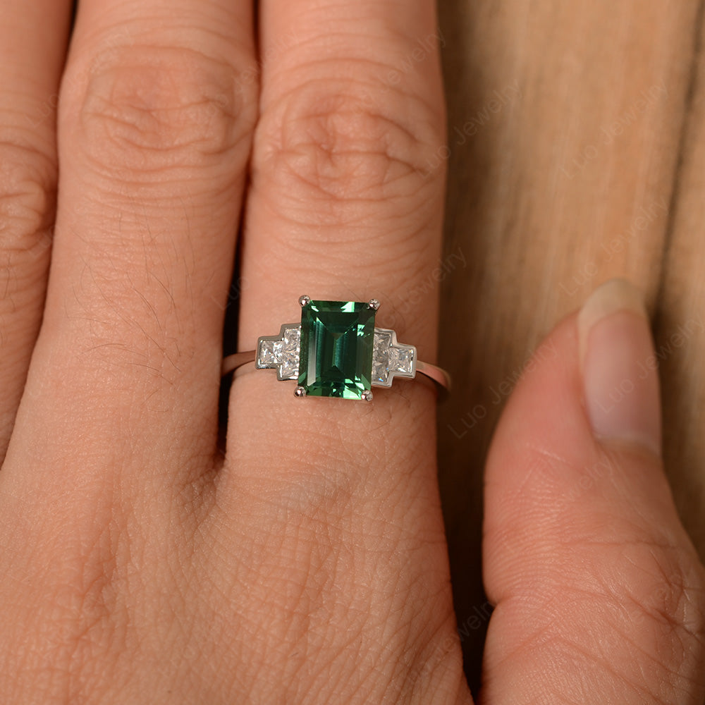Emerald Cut Green Sapphire Promise Ring White Gold - LUO Jewelry