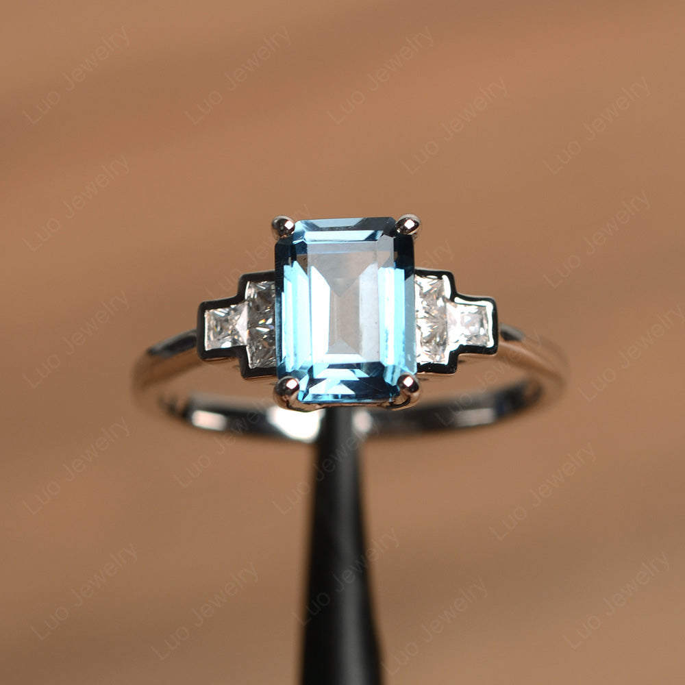 Emerald Cut London Blue Topaz Promise Ring White Gold - LUO Jewelry