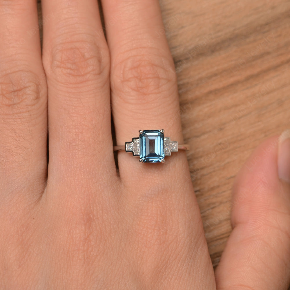 Emerald Cut London Blue Topaz Promise Ring White Gold - LUO Jewelry