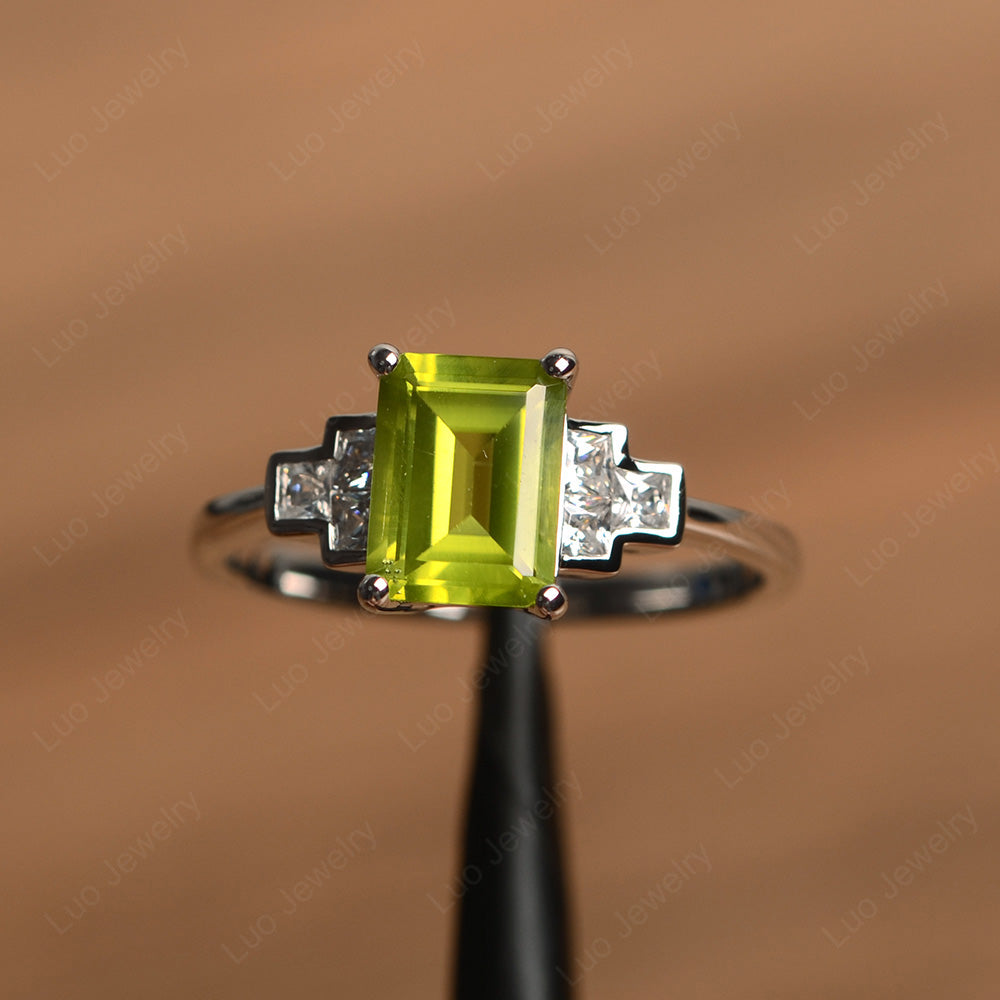 Emerald Cut Peridot Promise Ring White Gold - LUO Jewelry