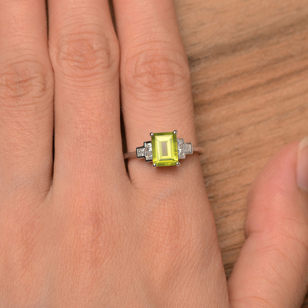 Emerald Cut Peridot Promise Ring White Gold - LUO Jewelry