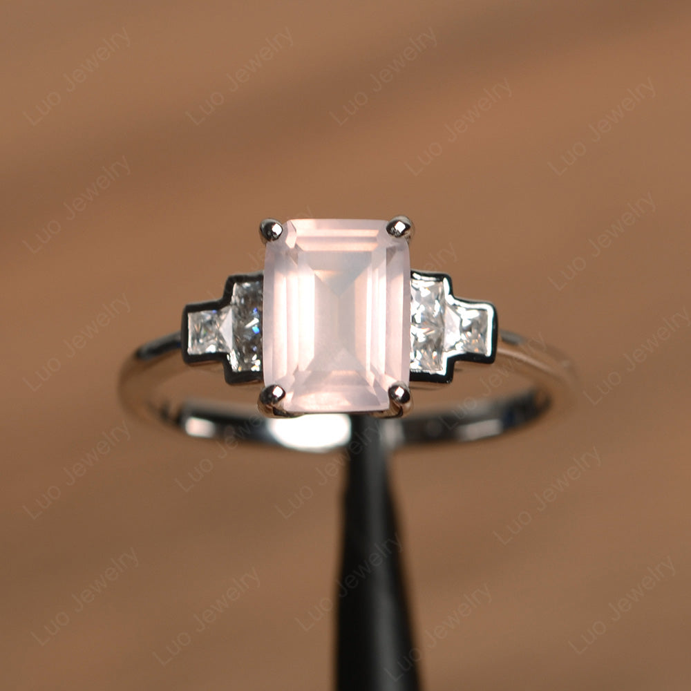 Emerald Cut Rose Quartz Promise Ring White Gold - LUO Jewelry