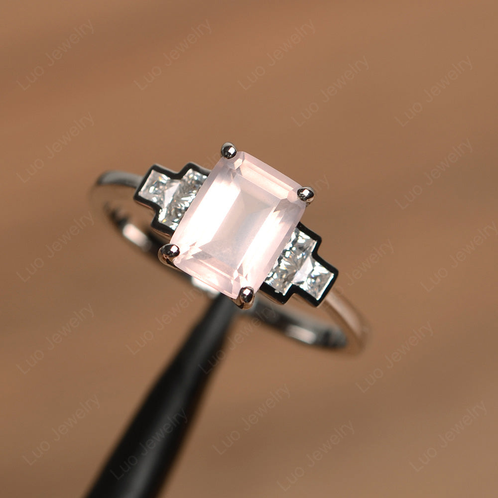 Emerald Cut Rose Quartz Promise Ring White Gold - LUO Jewelry