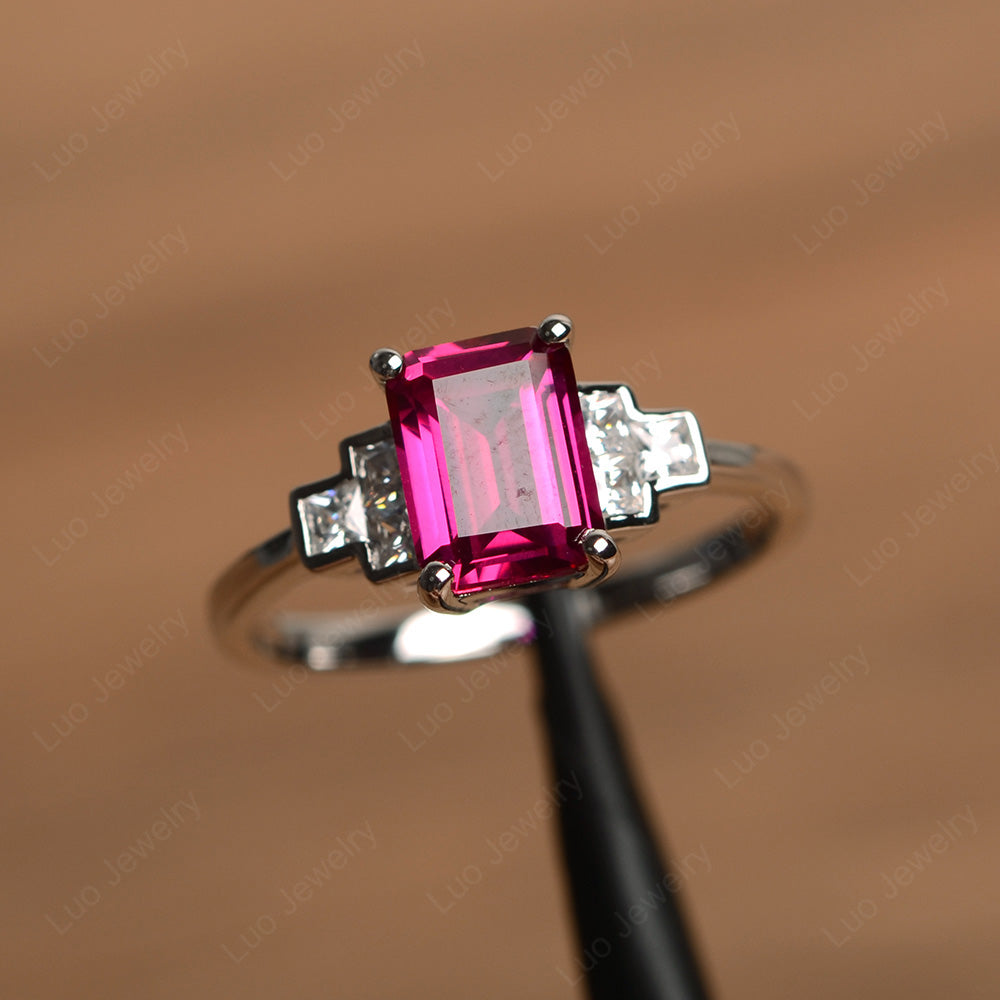 Emerald Cut Ruby Promise Ring White Gold - LUO Jewelry