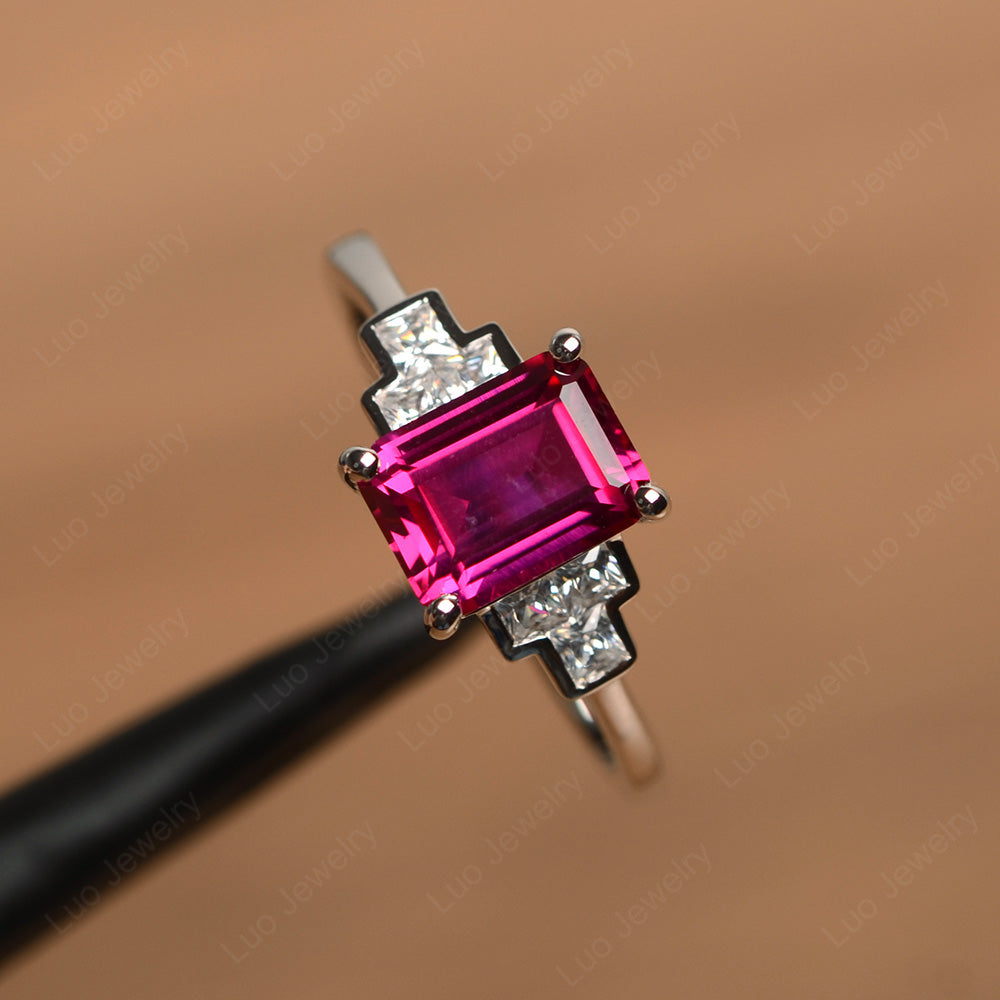 Emerald Cut Ruby Promise Ring White Gold - LUO Jewelry