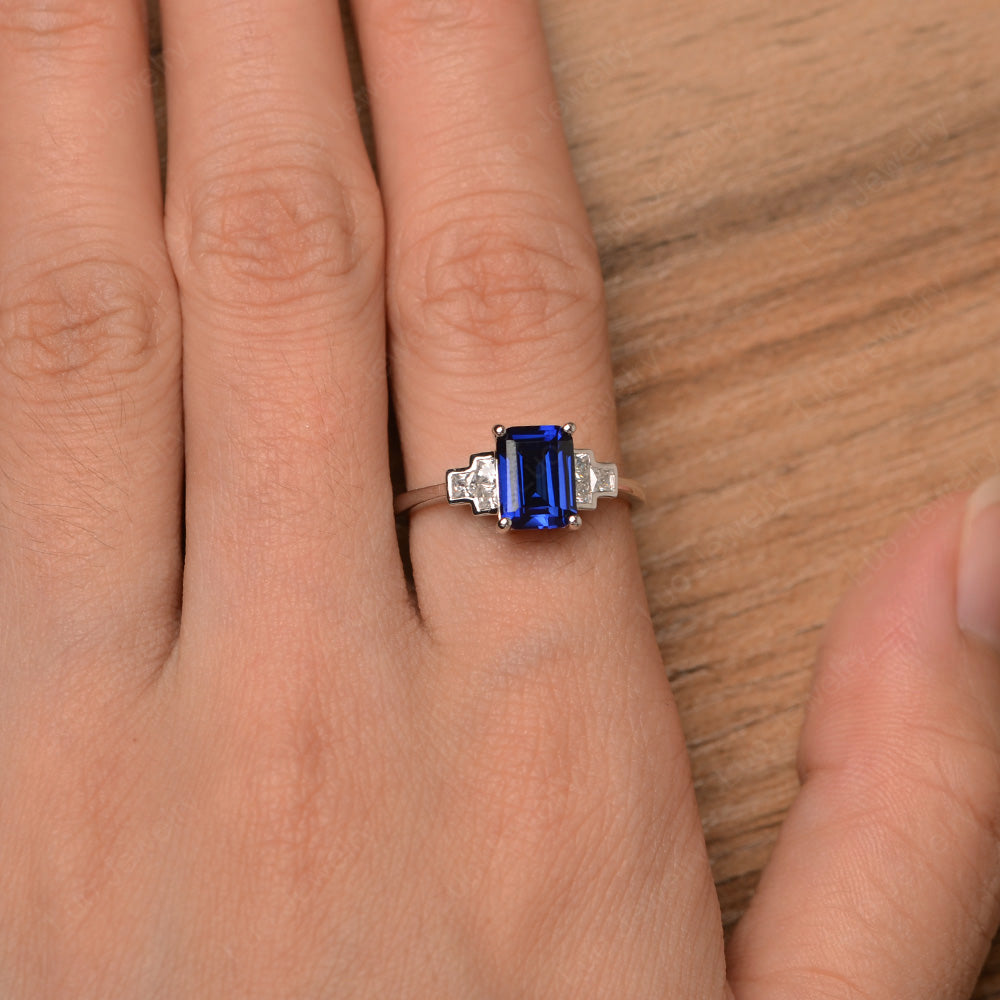 Emerald Cut Lab Sapphire Promise Ring White Gold - LUO Jewelry