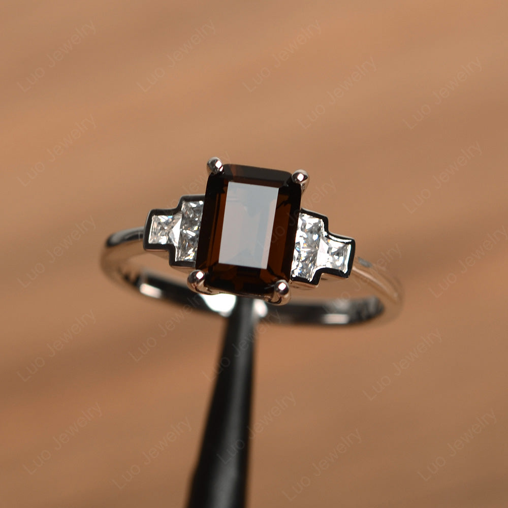 Emerald Cut Smoky Quartz  Promise Ring White Gold - LUO Jewelry