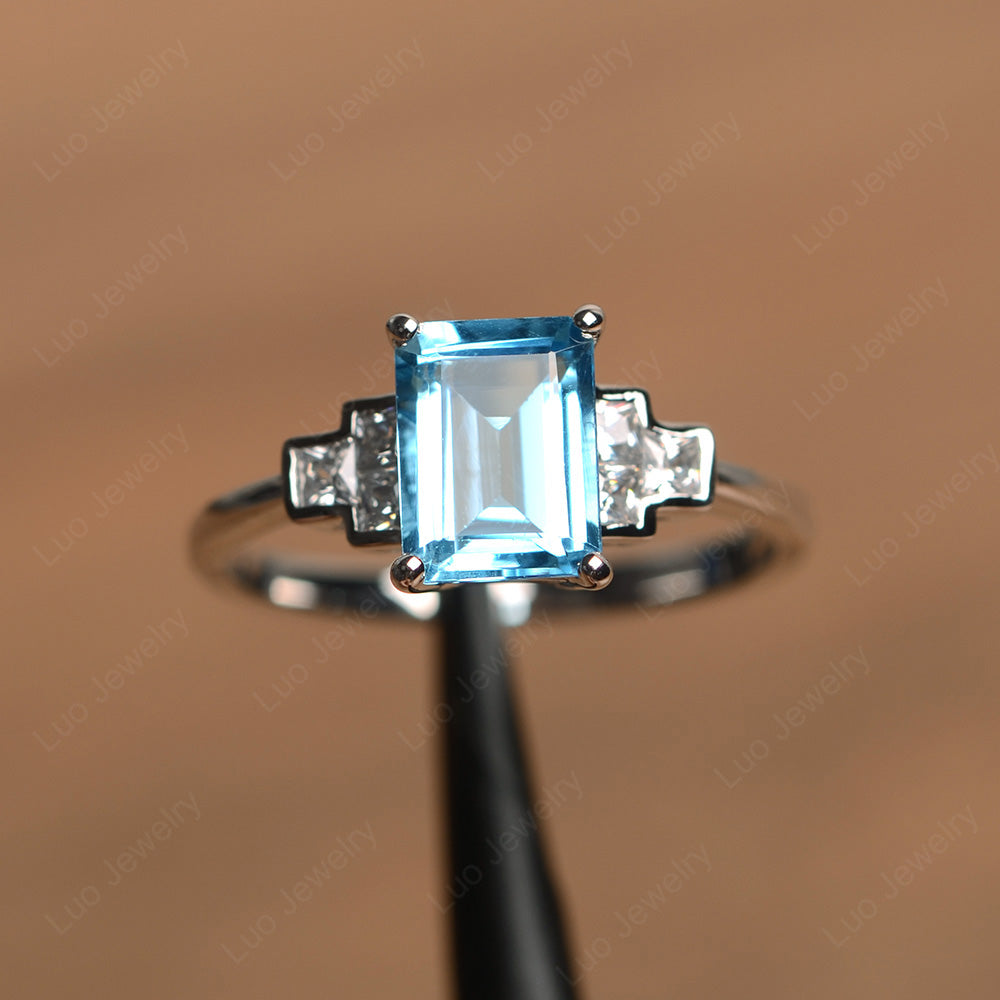 Emerald Cut Swiss Blue Topaz Promise Ring White Gold - LUO Jewelry