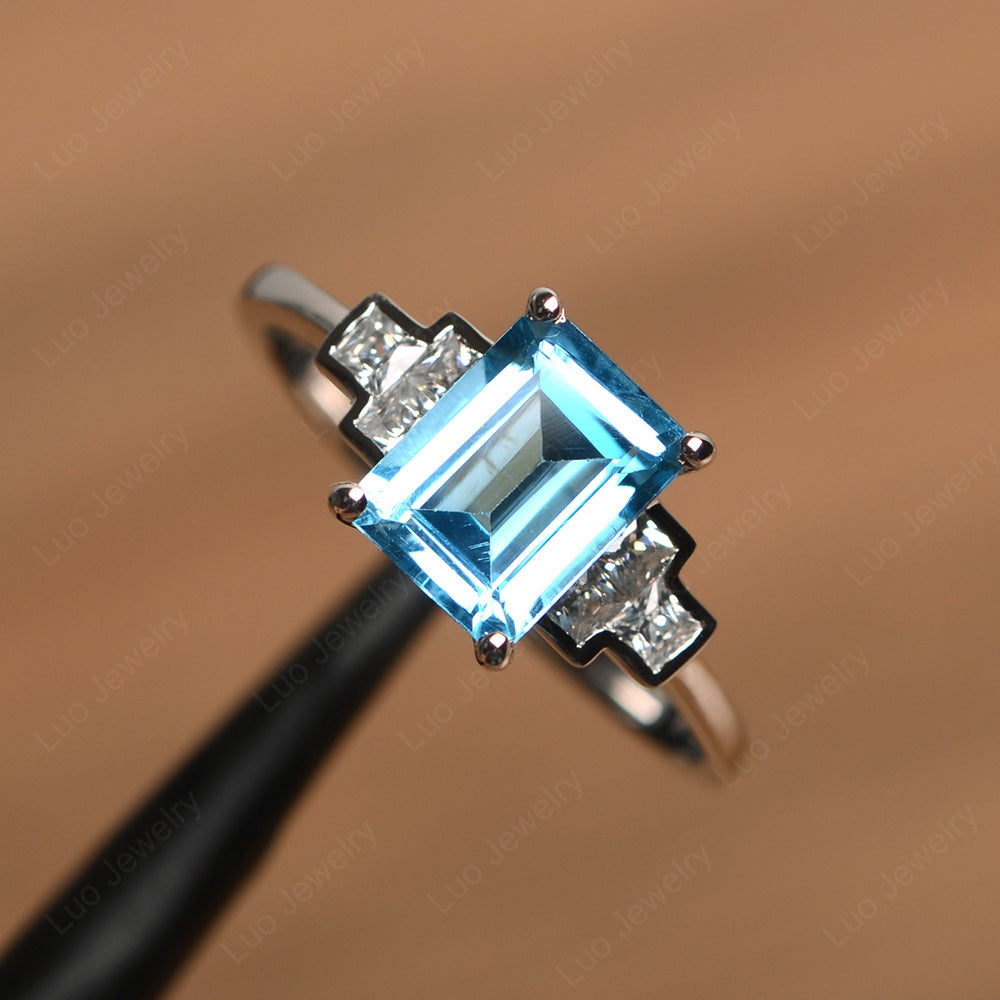 Emerald Cut Swiss Blue Topaz Promise Ring White Gold - LUO Jewelry