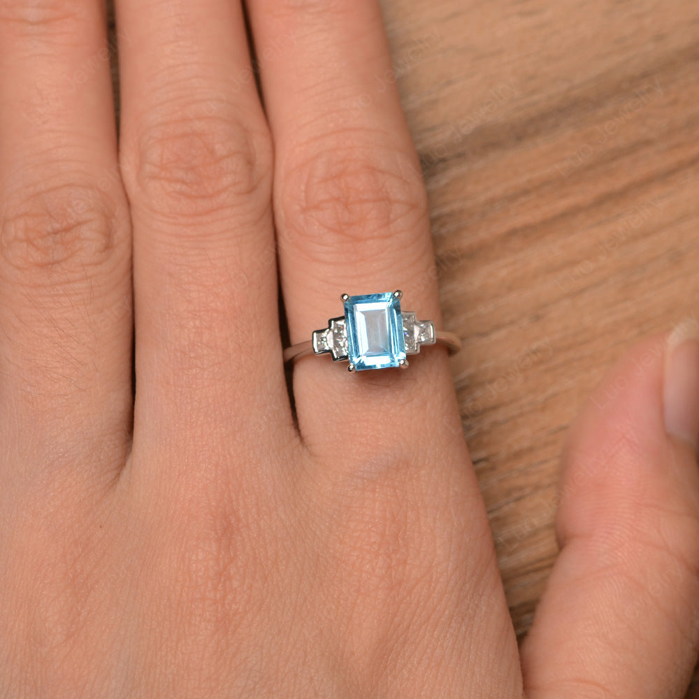 Emerald Cut Swiss Blue Topaz Promise Ring White Gold - LUO Jewelry