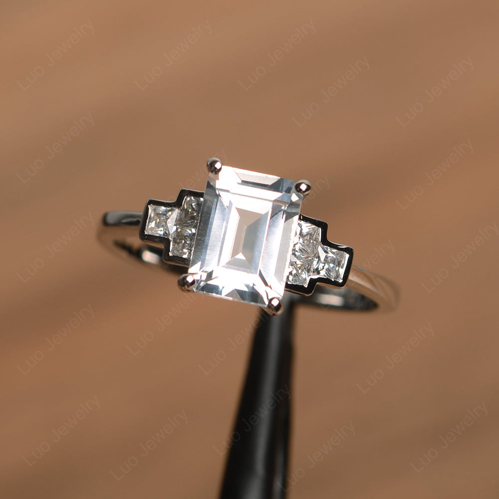Emerald Cut White Topaz Promise Ring White Gold - LUO Jewelry
